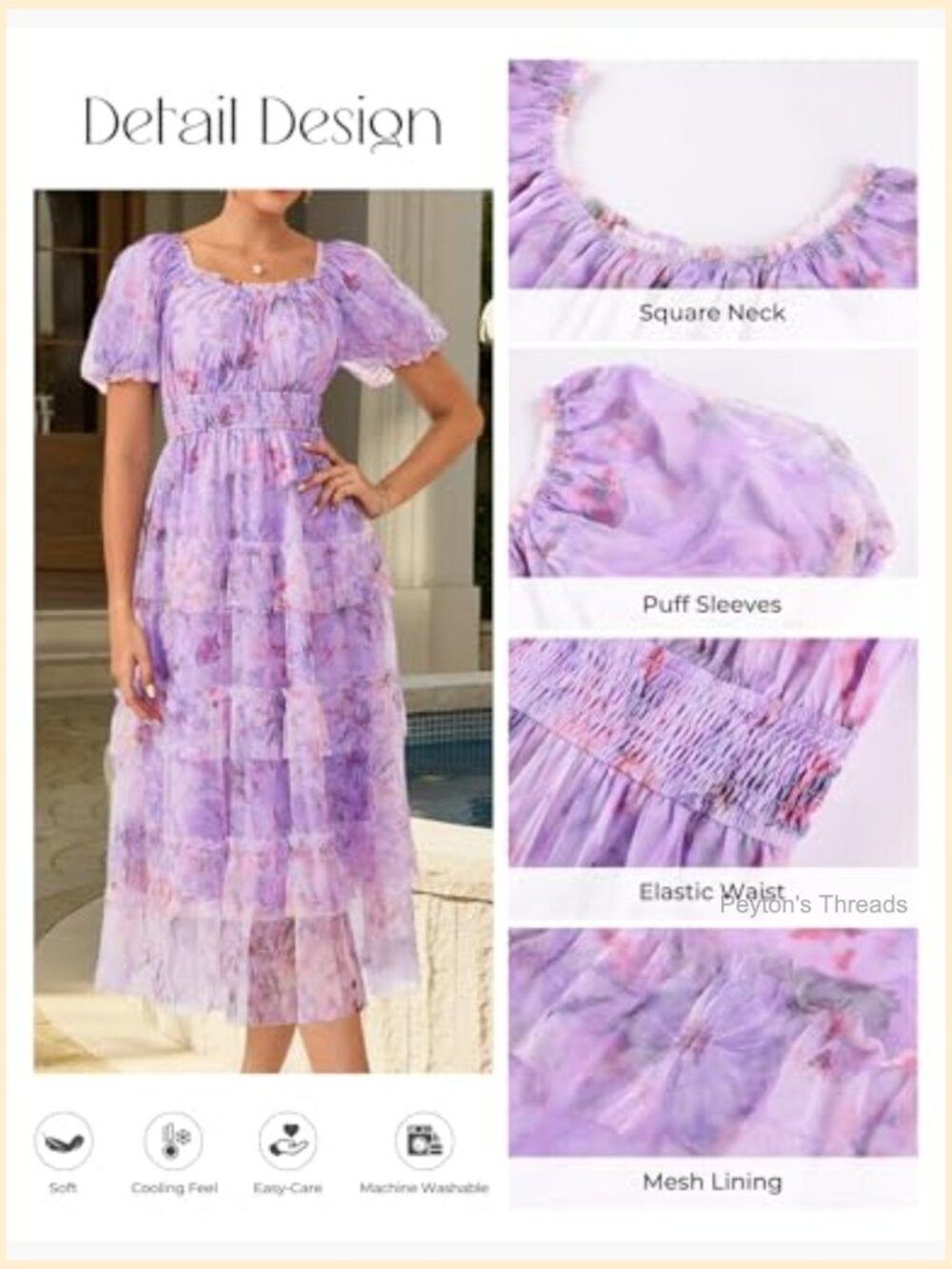 Floral Puff Sleeve Smocked Midi Dress Square Neck Mesh Flowy - Picture 5 of 7